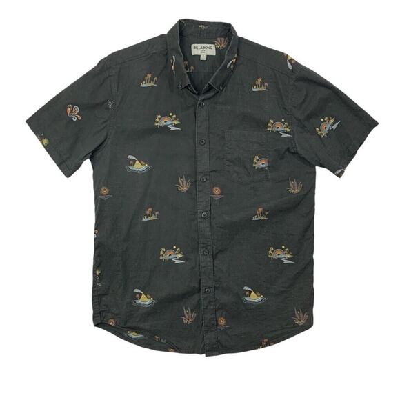 Billabong Shirt Mens S Small Charcoal Paradise Button Down Short Sleeve Hawaiian - Picture 1 of 11